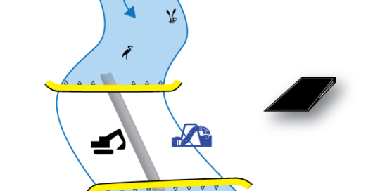 Joustava Water-Gate © cofferdams. Kaavio asennuksesta, joka on kohtisuorassa vesistöön nähden kahdella ylävirran ja alavirran kaskilla, päästä päähän. Tapaus # 2